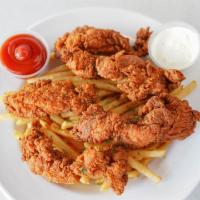 Chicken Tenders With Fries · 5 Chicken breast tenders covered in buttermilk and deep fried to a crisp, topped with finely...