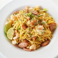 Garlic Noodles · Noodles cooked with our delicious garlic butter sauce, tossed with fresh shrimp and sausage....