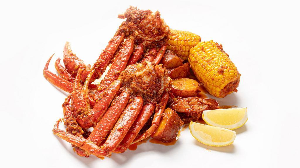 Snow Crab Legs (2 Clusters) · Comes with 2 corns, 5 potatoes, and 5 sausages each order is two clusters (8-10 legs) including the claw. Choose your favorite sauce and add-ons.