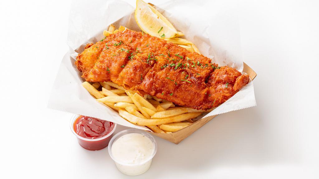 Fish & Chips Basket · Crunchy beer battered white fish seasoned with our famous cajun blend. Served with French fries and tartar sauce. Fresh, fried to order.