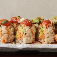 Dynamite (Vegan) · Spicy tofu and avocado roll with dynamite sauce on top