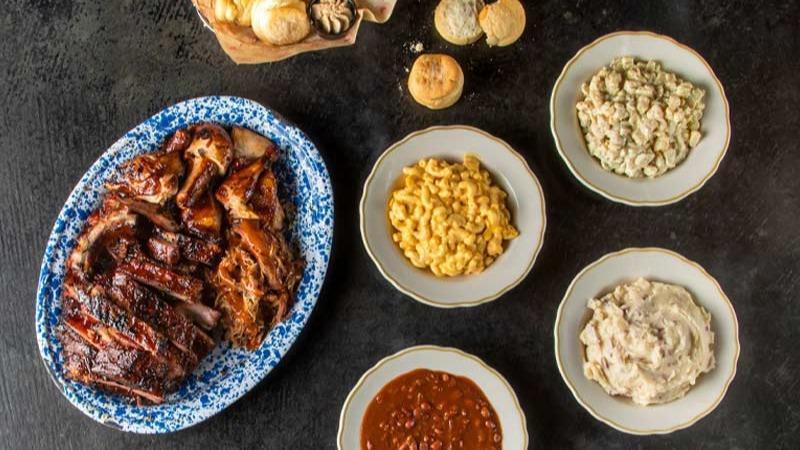 Family Supper · Served family-style for 4-6.. Two racks of St. Louis ribs or baby back ribs + two half BBQ chickens + your choice of pulled pork l rib tips l sausage + your choice of four family-sized sides.