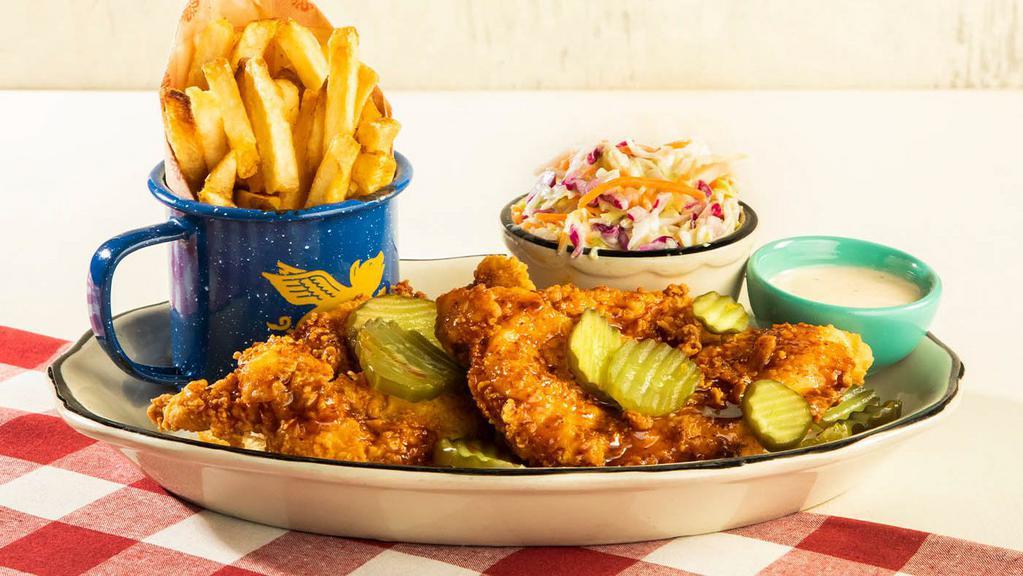 Nashville Hot Chicken Dinner · Buttermilk-soaked, then breaded and fried crispy and tossed in fiery Nashville hot sauce. Served with a bounty of sweet pickles and creamy, tangy Alabama white BBQ sauce. Served with two sides.