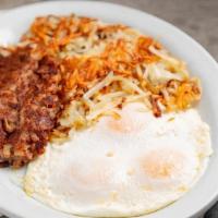 Corned Beef Hash & Eggs · 5 oz grilled corned beef and three large country fresh eggs any style. Served with your choi...
