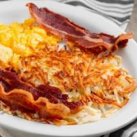 Bacon & Eggs · Four strips of crispy bacon & eggs.