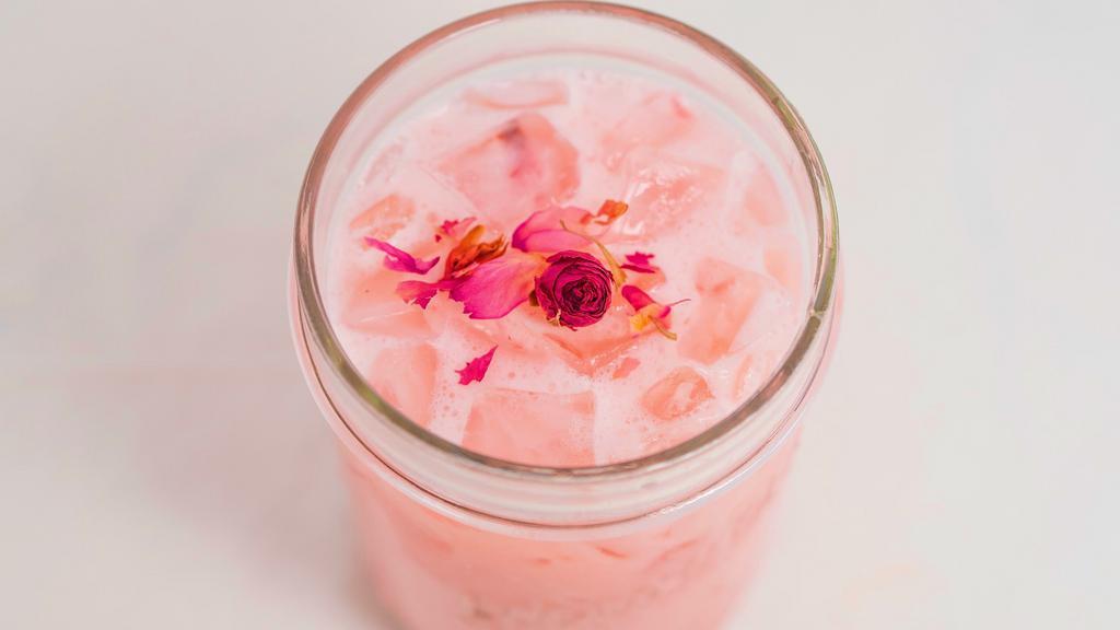 First Kiss · Rosy Green Milk Tea - The Tea Morrow pink drink.