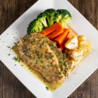 Pollo Piccata · Grilled chicken breast with capers, lemon butter and white wine sauce. Served with vegetable...