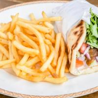 Gyro Wrap · Gyro meat with lettuce, tomato, cucumbers served in a pita wrap.