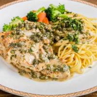 Chicken Picatta · Tender Grilled Chicken with Fresh Vegetables, Capers, Garlic & Lemon Juice with Linguine Pas...