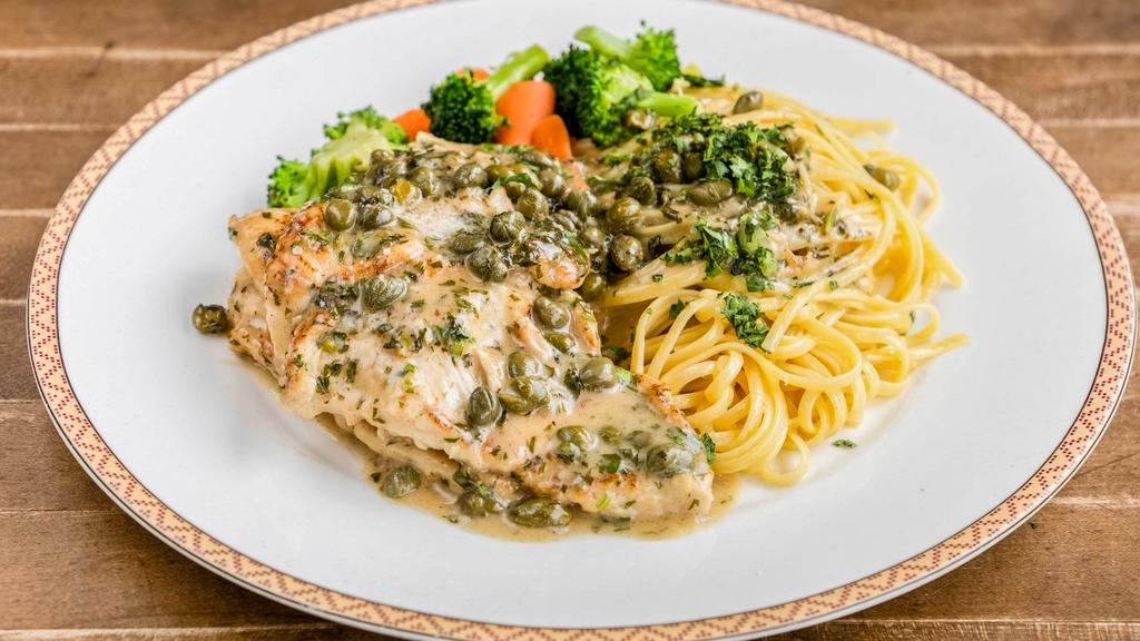 Chicken Picatta · Tender Grilled Chicken with Fresh Vegetables, Capers, Garlic & Lemon Juice with Linguine Pasta served in white wine butter creamy sauce