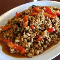 Pad Ka Prow · Choice of protein (slice or ground) sauteed with garlic, red bell pepper, chili and Thai hol...