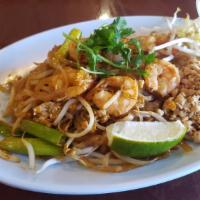 Pad Thai · Rice noodle stir fried with egg, bean sprouts, green onions, and choice of protein topped wi...