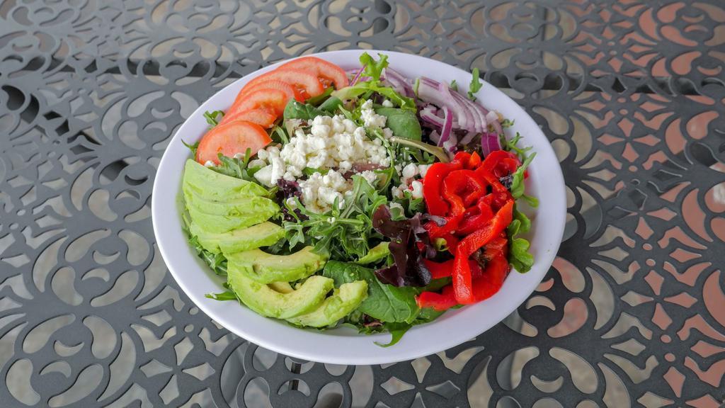 Ové’S Favorite Salad · Spring Mix & Arugula, Onion, Tomato, Goat Cheese, Roasted Red Bell Pepper,Avocado