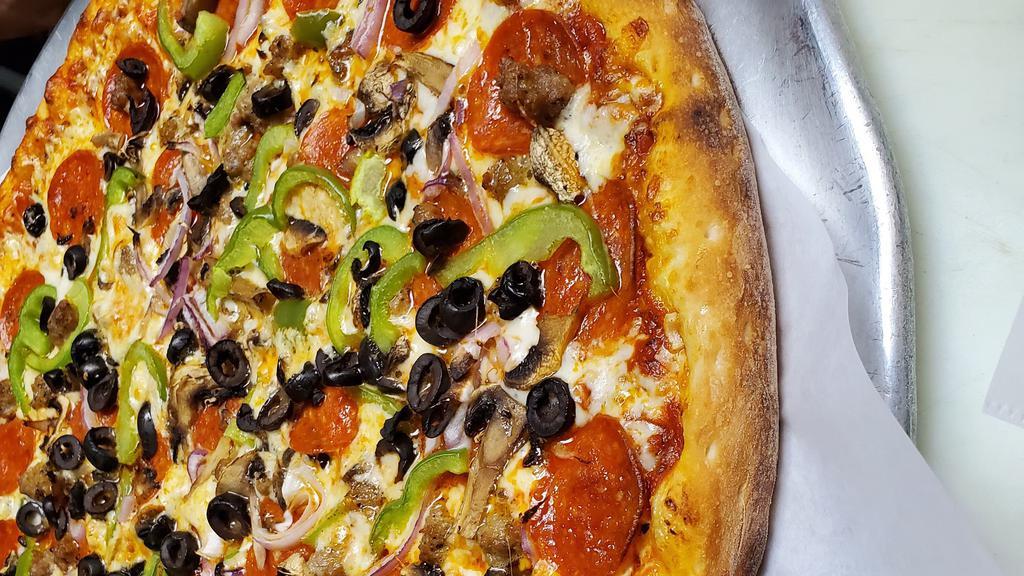 Small Supremo Pizza · With homemade tomato sauce, Mozzarella cheese, pepperoni, mushroom, red onions, black olives, green bell peppers and, sausage.