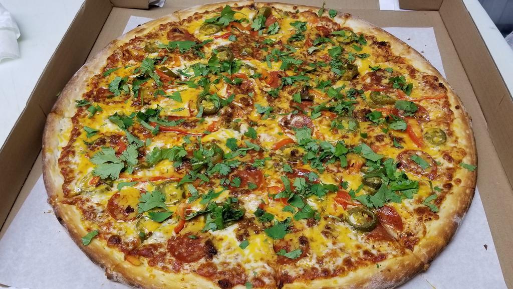 Small Mexican Pizza · Homemade tomato sauce, Cheddar and Mozzarella cheese, pepperoni, jalapeño peppers, red onions, red bell pepper, beef Chorizo and fresh cilantro.