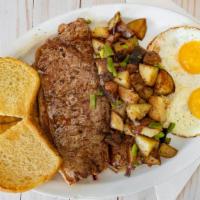 Steak & Eggs · Charbroiled New York Steak with two Eggs any style.