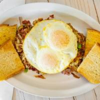 Corned Beef Hash & Eggs · Comed Beef Hash with Two Eggs any Style and Toast.
