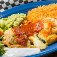 Chile Relleno · One pasilla chile, egg battered, with cheese inside. Includes rice, beans, sour cream, guaca...