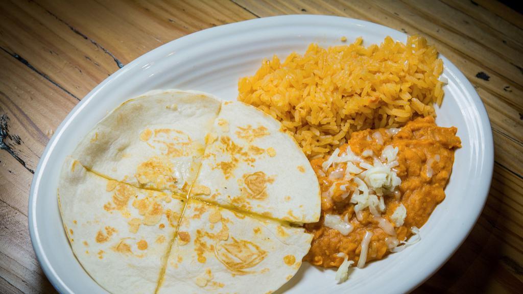 Kids Quesadilla Plate · Kids plates served with rice and beans.