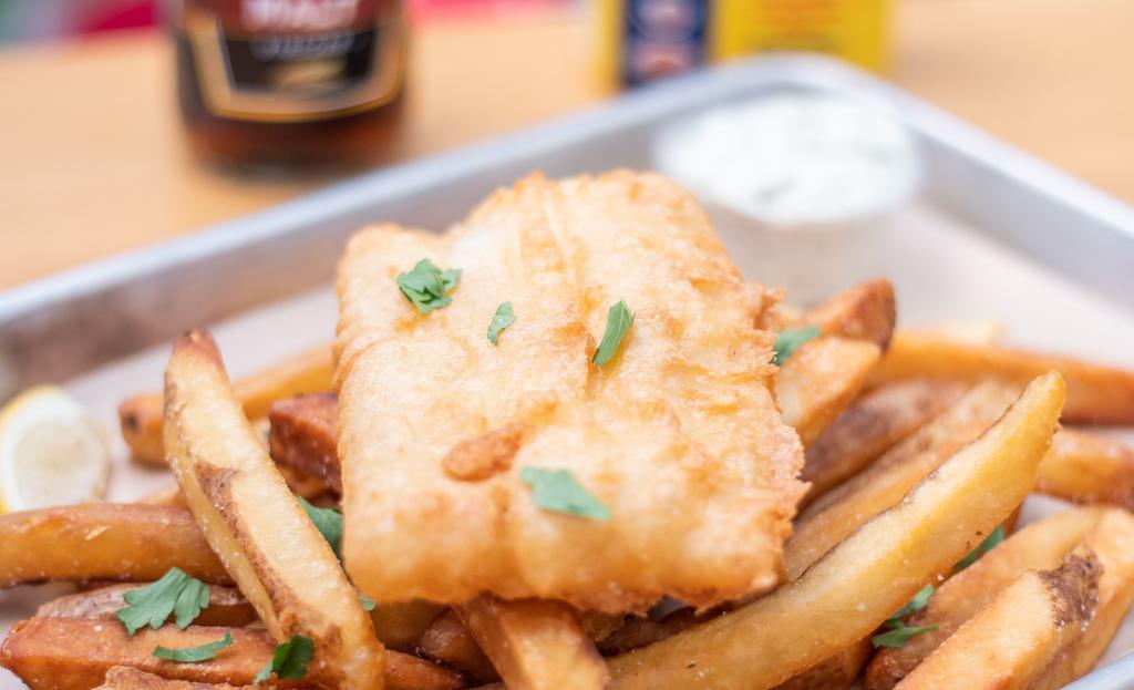 Fish N' Chips · Beer battered Alaskan cod and fries. Served with malt vinegar & tartar sauce.