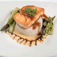 Miso Seabass · Steamed rice, beurre Blanc, asparagus, miso glaze.