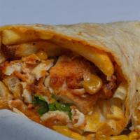 Surf N' Bird Burrito · French fries topped with corn pico, diced-fried chicken, and shrimp, drizzled with chipotle ...