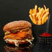 Sticks And Stones Combo · Fried chicken with cheddar cheese, coleslaw, pickles, honey, and our goth chick sauce on a p...