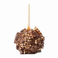 English Toffee Apple · Caramel-covered Granny Smith apple rolled in almonds and toffee pieces, drizzled with milk c...