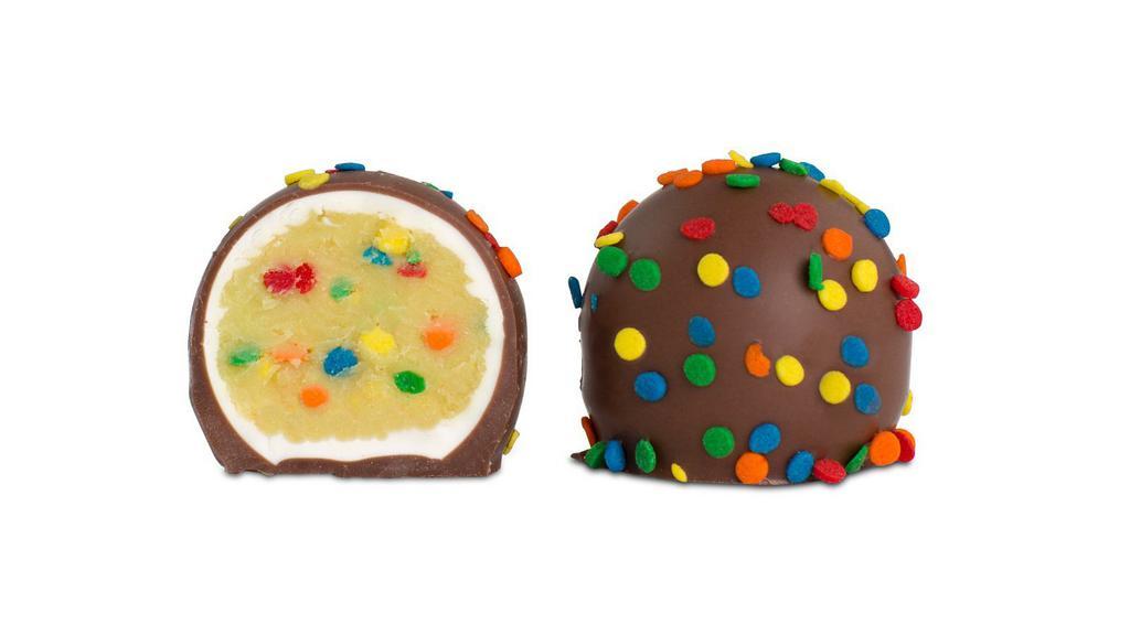 Birthday Cake Truffle · Each. White chocolate birthday cake flavored center with colorful sprinkles in a milk chocolate shell and topped with the same bright sprinkles.