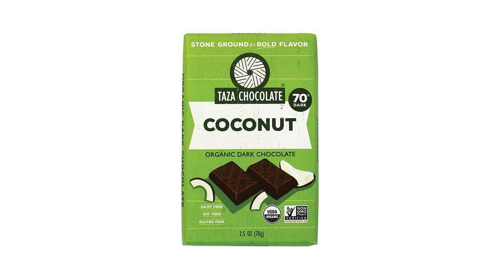 Dark Chocolate Coconut Bar · 70% dark stone ground organic chocolate with a tropical twist of organic coconut. 2.5 oz.