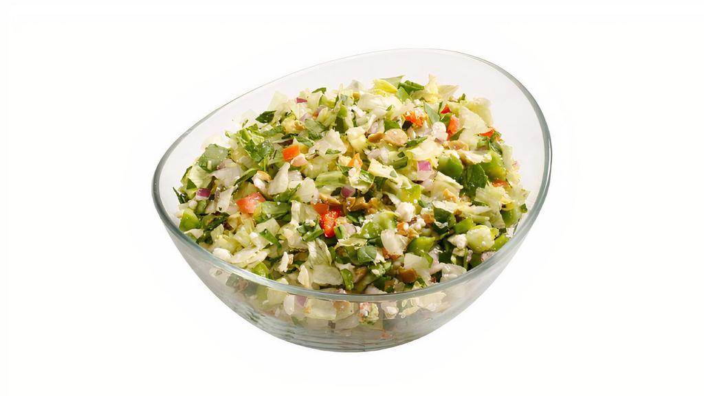 Greek Chop · Green olives, tomato, cucumber, bell peppers, red onions, feta cheese, balsamic vinaigrette dressing.