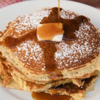 Delicious Pancakes Tall Stack · Four super light and fluffy whipped ricotta pancakes served with real maple syrup.