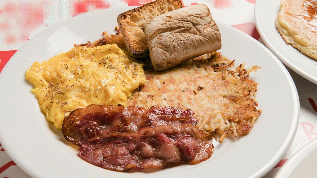 Two Eggs Any Style · Two eggs with hashbrowns, ciabatta bread and your choice of bacon, sausage, or mushrooms.