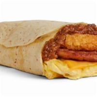 Breakfast Burrito · Two eggs, cheese, sausage, hash browns, and Original Tommy's famous chili wrapped in a warm ...
