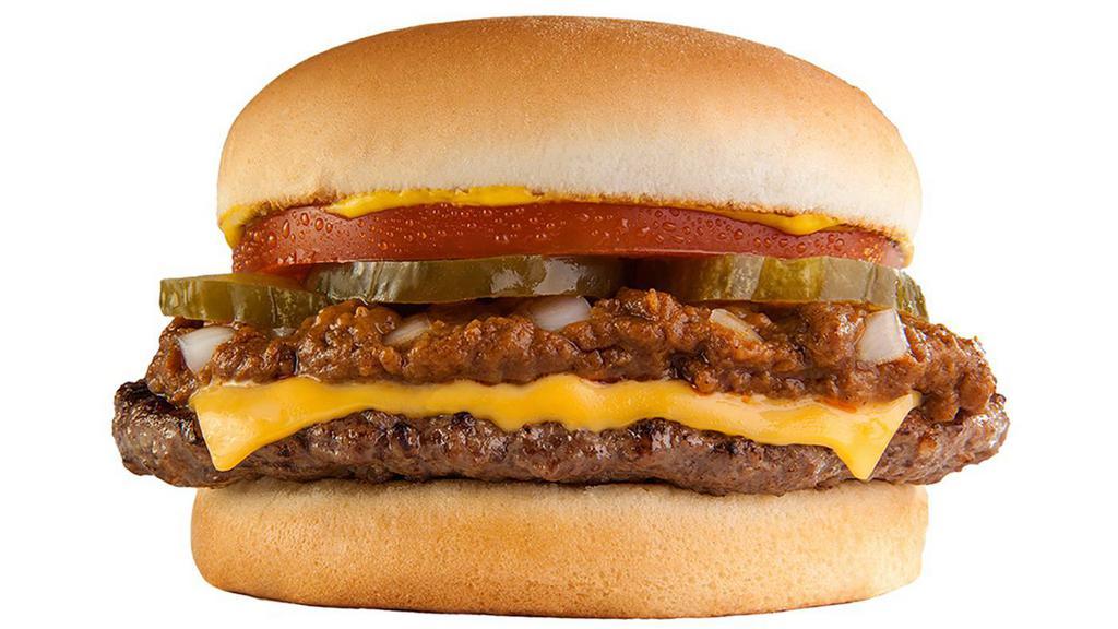 Cheeseburger (1/4 Lb.) · 100% all beef quarter pound patty served on a fresh bun with Original Tommy's famous chili, slice of cheese, hand sliced beefsteak tomato, mustard, pickles and fresh chopped onions.