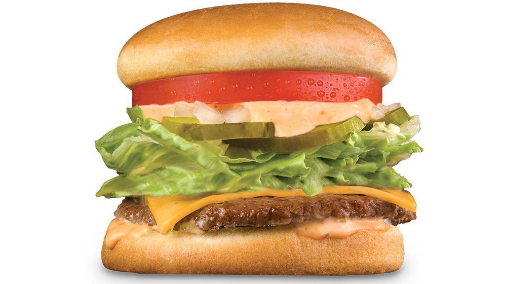 California Classic Cheeseburger · California Classic Cheeseburger. 100% all beef patty served on a fresh bun with Thousand Island dressing, slice of cheese, leaf lettuce, hand sliced beefsteak tomato, pickles and fresh chopped onions.