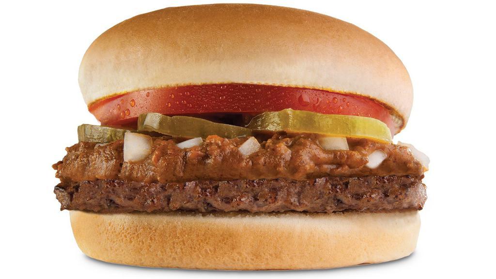 Hamburger · 100% all beef patty served on a fresh bun with Original Tommy's famous chili, hand sliced beefsteak tomato, mustard, pickles and fresh chopped onions.