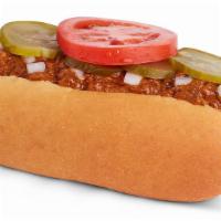 Chili Hot Dog · Hot dog served on a fresh bun with Original Tommy's famous chili, mustard, fresh chopped oni...