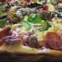 The Pizza Show Special · Mozzarella cheese with pepperoni, mushroom, bell peppers, black olives, and Italian sausage