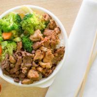 Chicken & Angus Beef · (520-610 Cal.) Teriyaki chicken and marinated Angus beef served over white or brown rice.