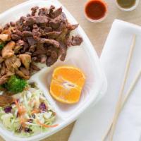 Chicken & Angus Beef · (700-820 Cal.) Teriyaki chicken and marinated Angus beef served over white or brown rice.