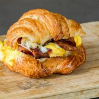 Croissant Bacon Egg Cheese · Gluten-free available. With egg and cheese. Organic egg (contains dairy), white cheddar. Cho...