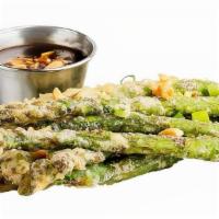 Szechuan Asparagus · lightly tempura-battered asparagus spears, peanut ginger garnish, Szechuan dipping sauce