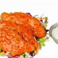 Chicken Tenders- Small · 3 crispy plant-based chicken tenders, naked or sauced (Buffalo, hot honee, or Thai chili cil...