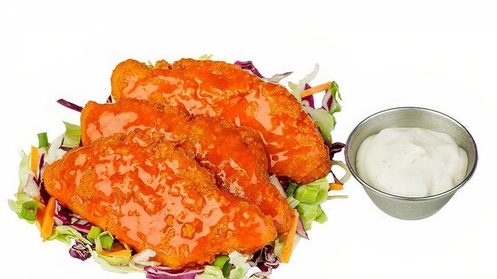 Chicken Tenders- Small · 3 crispy plant-based chicken tenders, naked or sauced (Buffalo, hot honee, or Thai chili cilantro), shredded cabbage, shredded carrots, green onion, side of ranch