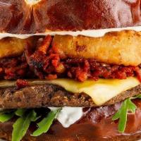 Gastropub Burger  · signature burger patty, plant-based provolone, tomato bacon jam, onion rings, plant-based ma...