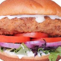Chicken Run Ranch · crispy plant-based chicken, ranch dressing, tomato, red onions, mixed lettuce, whole wheat b...