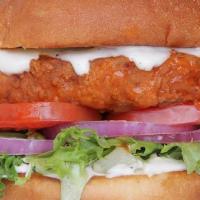 Buffalo Chicken Run Ranch · crispy plant-based chicken in Buffalo sauce, ranch dressing, tomato, red onions, mixed lettu...
