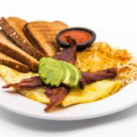 Abc Omelet · Smoked Bacon, Pepper Jack Cheese,. Avocado. Served with Homemade. Ranchero Sauce.