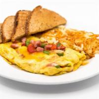 Denver Omelet · Smoked Ham, Red and Green Peppers,. Onions, Shredded Cheddar and. Monterey Jack Cheeses.